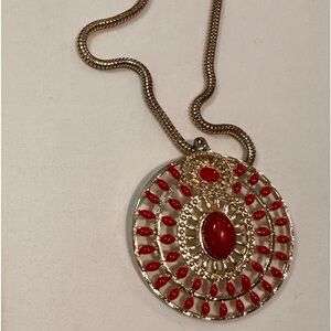 Long Ruby Rd Gold-tone Necklace w/ Red Medallion‎